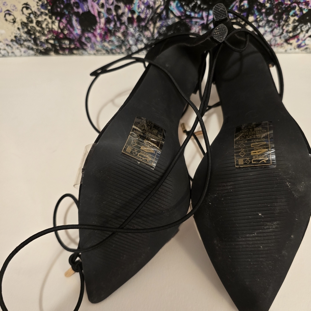 AZALEA WANG Black With Cleae Vinyl Toe Strap High Heels Ankle Wrap Strap 7.5 - Picture 16 of 17